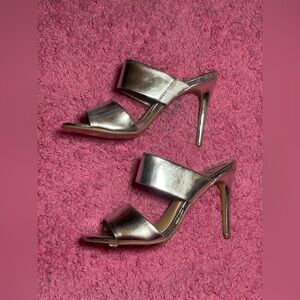 Vintage Brian Atwood Pippa Silver Metallic Leather Two Band Heels Sandals
